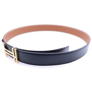 Hermes Ash Carre Gold Leather Reversible Belt Black Brown
